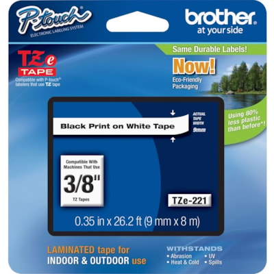 P-touch TZe Laminated Tape Cartridge - 3/8" (9.53 mm) Width - Rectangle - White - Polyethylene Terephthalate (PET), Polyester Film - Water Resistant - Grease Resistant, Grime Resistant, Temperature Resistant - 1 Each 9MMX8M  PTOUCH TZE SERIES 