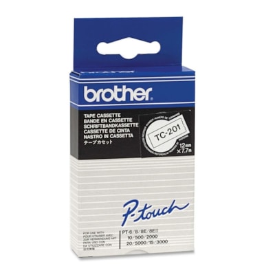 Brother P-touch TC201 Label Tape - 15/32" (12 mm) Width - Permanent Adhesive - Rectangle - Glossy - White, Black - Water Resistant - Abrasion Resistant, Temperature Resistant, Chemical Resistant, Light Resistant - 1 Each 12MMX7.7M  PTOUCH TC SERIES PT-6 PT-15 PT-20 PT-2000