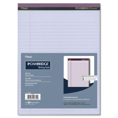 Hilroy Cambridge Colored Pad - 50 Sheets - Glue - 20 lb (9071.85 g) Basis Weight - Letter - 8 1/2" (215.90 mm) x 11" (279.40 mm) Sheet Size - Orchid Paper - Stiff-back - 3 / Pack 50 SHT #20 ORCHID 