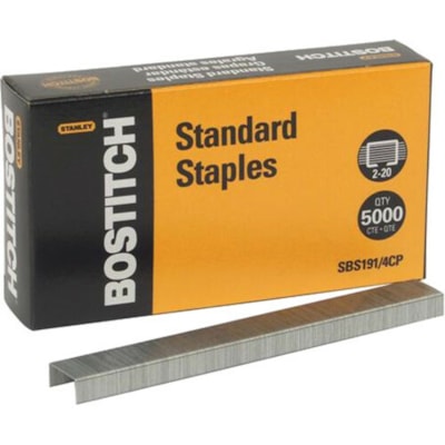 Bostitch SBS191/4CP - 5,000 Box- 1/4" Leg Full Strip 210 Chisel Point Std. Staple - 210 Per Strip - Standard - 1/4" (6.35 mm) Leg - Holds 20 Sheet(s) - for Paper - Chisel Point - Silver - High Carbon Steel - 0.94" (23.88 mm) Height x 4.06" (103.12 mm) Width x 2.25" (57.15 mm) Length - 5000 / Pack STANDARD 1/4IN (6MM) 5000/BOX