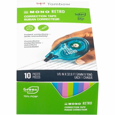 Tombow Mono Correction Tape Retro Applicator Pack - 0.17" (4.22 mm) Tape Width x 32.8 ft (10.01 m) Tape Length - 1 Line(s) - White Tape - Break Resistant, Non-refillable - White - 10 / Pack MONO RETRO  56%PCW 4MM X 10M