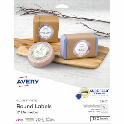 Avery® Glossy White Round Labels 2" Diameter, Permanent Adhesive, for Laser and Inkjet Printers - 2" (50.80 mm) Diameter - Permanent Adhesive - Round - Laser, Inkjet - Glossy - Bright White - Paper - 12 / Sheet - 10 Total Sheets - 120 Total Label(s) - Print-to-the Edge, Permanent Adhesive, Custo GLOSSY WHITE  2" DIA. LASER/INK JET  120 LBLS/PKG