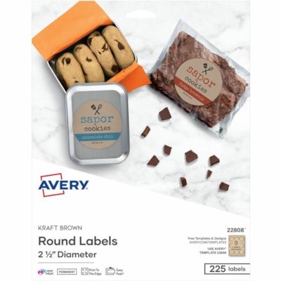 Avery® Kraft Brown Round Labels 2½" Diameter, Permanent Adhesive, for Laser and Inkjet Printers - 2 1/2" (63.50 mm) Diameter - Permanent Adhesive - Round - Laser, Inkjet - Kraft Brown - Paper - 9 / Sheet - 25 Total Sheets - 225 Total Label(s) - 225 / Pack 2 1/2" DIA. 225 LABELS  KRAFT BROWN   LASE