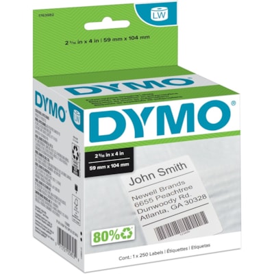 Dymo Permanent Poly Shipping Labels - 2 5/16" (58.74 mm) Width x 4" (101.60 mm) Length - Rectangle - White - Polypropylene - Tearing Resistant, Oil Resistant, Solvent Resistant, Weather Resistant, Heat Resistant, Alcohol Resistant, Blood Resistant, Fat Resistant - 250 / Roll - 250 / Roll LARGE SHIPPING LABELS 2 5/16X4 250/ROLL