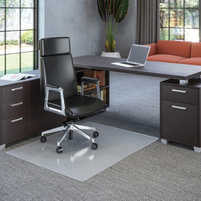 Deflecto EconoMat Chair Mat - Carpeted Floor - 53" (1346.20 mm) Length x 45" (1143 mm) Width x 0.063" (1.59 mm) Thickness - Rectangular - Polycarbonate - Clear - 1 Each STUDDED FOR ALL PILES 