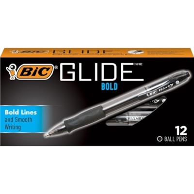 BIC Glide Bold Ball Pen - 1.6 mm (0.06") Bold Conical Pen Point - Refillable - Retractable - Black Ink - Black Barrel - 1 Dozen BLACK 