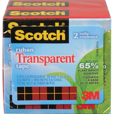 Scotch Eco-Friendly Transparent Tape - 24.9 yd (22.8 m) Length x 0.75" (19 mm) Width - Clear - For Multipurpose, Wrapping, Sealing, Mending - 2 / Pack BOXED REFILLS - 2PK 