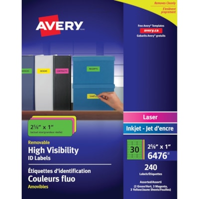 Avery® - Étiquettes polyvalentes amovibles - largeur de 1 po (25,40 mm) x longueur de 2 5/8 po (66,55 mm) - Amovible Adhésif - Rectangulaires - Laser, Jet d'encre - Néon bleu, Vert fluo, Magenta, Jaune fluo - Autocollant, Sans résidus - 30 / Feuille - 240 / emballage COULEURS FLUOS (MG JE VT BU) 6 7 X 2 5 CM  240 éTIQ/PQT