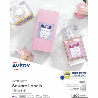 Avery® - Étiquettes carrées blanches mate, 1½" x 1½" - largeur de 1 1/2 po (38,10 mm) x longueur de 1 1/2 po (38,10 mm) - Permanent Adhésif - Carré - Laser, Jet d'encre - Blanc mat - Papier - 24 / Feuille - 25 Total de feuilles - 600 Total d'étiquette(s) - 600 / embal 3 8 X 3 8 CM 600  BLANCHES   LASER  JET D'E