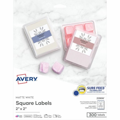 Avery® Matte White Square Labels 2" x 2" , Permanent Adhesive, for Laser and Inkjet Printers - 2" (50.80 mm) Width x 2" (50.80 mm) Length - Permanent Adhesive - Square - Laser, Inkjet - Matte White - Paper - 12 / Sheet - 25 Total Sheets - 300 Total Label(s) - 300 / Pack 2" X 2" 300 LABELS  WHITE  LASER  INK