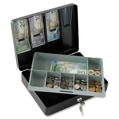 Sentry Safe DCB-1 Locking Cash Box - 1.61 gal (6100 mL) - Key Lock - Overall Size 3.5" (90 mm) Height x 11.8" (300 mm) Width x 9.3" (235 mm) Depth - Black REMOVALE COMPARTMENTS & 4 SPRING LOADED BILL CLIPS