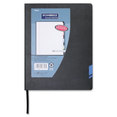 Hilroy Business Notebook - 160 Sheets - Ruled Margin - 9 1/2" (241.30 mm) x 7 3/4" (196.85 mm) Sheet Size - Blue Paper - Black Cover - Hard Cover, Tab, Ribbon Marker, Index Sheet, Writeable Spine - Recycled - 1 Each 9 1/2 X 7 1/4 - 160 PAGES 30% PCW