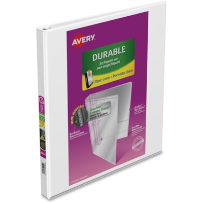 Avery® Durable View Binder 1/2" , Slant D Rings, White - 1/2" (12.70 mm) Binder Capacity - Letter - 8 1/2" (215.90 mm) x 11" (279.40 mm) Sheet Size - Fastener(s): D-Ring - White - Recycled - 1 Each SLANT D RINGS WHITE