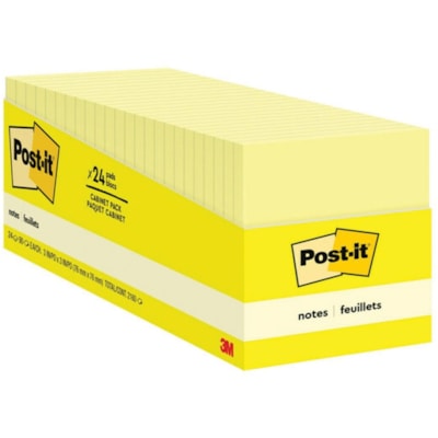 Post-it® Notes, 3 in x 3 in, Canary Yellow, 24 Pads/Pack - 3" (76.20 mm) Flag/Note Width x 3" (76.20 mm) Flag/Note Length - Square - 90 Sheets per Pad - Canary Yellow - Removable, Sticky, Adhesive, Recyclable - 24 / Pack CABINET PACK 24 PADS PER PACK 