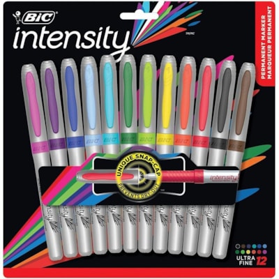 BIC Intensity Fashion Permanent Markers, Ultra Fine Point, Assorted colours, Non-Slip Grip For Comfort & Control, 12-Count - Ultra Fine Marker Point - Aqua, Black, Blue, Brown, Green, Lime, Orange, Pink, Purple, Red, Sky Blue, ... Ink MARKING PERMANENT MARKERS ULTRA FINE TIP 12-PACK