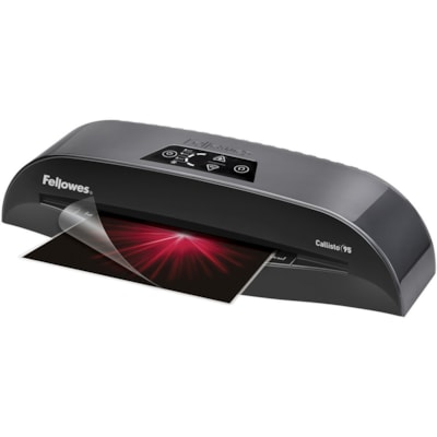 Fellowes - Plastifieuses de bureau Callisto - En sachet - largeur de la stratification 9,50 po (241,30 mm) - épaisseur de laminage 5 mil (0,13 mm) - hauteur de 4,25 po (107,95 mm) x largeur de 17,75 po (450,85 mm) x profondeur de 5,75 po (146,05 mm) 19'/MIN THRU SPED.1MINWARMUP HOT & COLD 3-5 MIL CAP SLVMIN