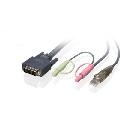 IOGEAR 16ft (5m) Single Link DVI-D USB KVM Cable - 16 ft (4.88 m) DVI/Mini-phone/USB KVM Cable for KVM Switch - First End: 1 x USB Type A - Male, 1 x Mini-phone Audio - Male, 1 x DVI-D (Single-Link) Digital Video - Male - Second End: 1 x USB Type B - Male, 1 x Mini-phone Audio - Male, 1 x Mini-phone  2.0 KVM cable provides sixtee n feet of digital vi