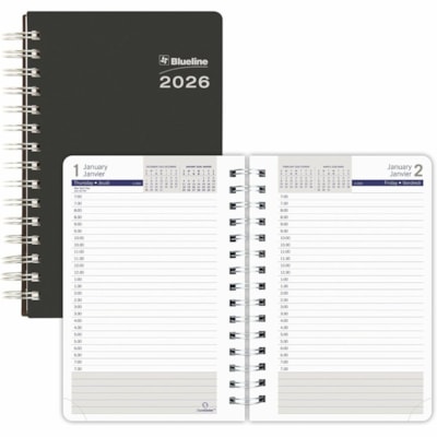 Blueline 2026 DuraGlobe 12-Month Daily Planner - January to December - 8" x 5" - Black - Bilingual - Julian Dates - Daily - 12 Month - January 2026 to December 2026 - 7:00 AM to 7:30 PM - Half-hourly - Monday - Friday - 1 Day Single Page Layout - 5" (127 mm) x 8" (203.20 mm) Sheet Size - Twin Wire -  