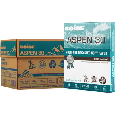 Aspen - Papier recyclé X-9 - 92 Luminosité - format lettre - 8 1/2 po (215,90 mm) x 11 po (279,40 mm) - 20 lb (9071,85 g) Poids de Base - Lisse - Sustainable Forestry Initiative (SFI) - Sans bourrage, Sans acide - Blanc - 2500 / Carton 30 % MAT. RECYC. POSTCONSOMM. 20 LB  BRILLANCE 92  2 500/CS