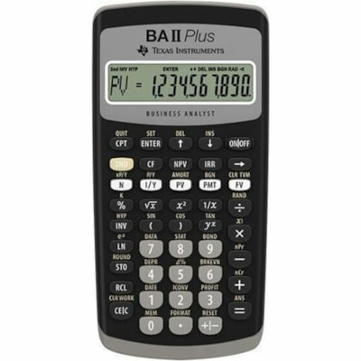 Texas Instruments BA II Plus Financial Calculator - Impact Resistant Cover, Auto Power Off, Easy-to-read Display, Plastic Key - 1 Line(s) - 10 Digits - Battery Powered - Battery Included - 1 TEXAS INST.ANNUITIES MORTGAGES LEASES DEPREC.TRIG 1 ECR2032BP