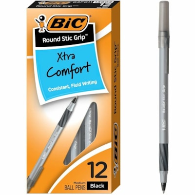 BIC Round Stic Grip Extra Comfort Black Ballpoint Pens, Medium Point (1.2mm), 12-Count Pack, Perfect Writing Pens With Soft Grip for Superb Comfort and Control - 1.2 mm (0.05") Medium Pen Point - Black Ink - 12 Pack ROUND STIC DISPOSABLE 