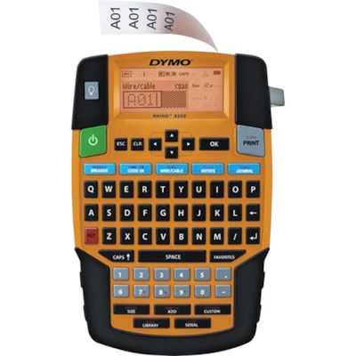 Dymo Rhino 4200 Soft Case Labelmaker Kit - Thermal Transfer - Label, Tape - 0.25" (6.35 mm), 0.37" (9.40 mm), 0.50" (12.70 mm), 0.75" (19.05 mm) - LCD Screen - Battery, Power Adapter - Lithium Ion (Li-Ion) - Battery Included - Yellow, Black - Handheld - QWERTY, Barcode Printing, Hot Key - for Factor  