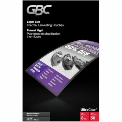 Swingline GBC UltraClear Thermal Laminating Pouches 3Mil Legal Size 9" x 14.5" - 50 Pack - Sheet Size Supported: Legal 8.50" (215.90 mm) Width x 14" (355.60 mm) Length - Laminating Pouch/Sheet Size: 9" (228.60 mm) Width x 14.50" (368.30 mm) Length x 3 mil (0.08 mm) Thickness - High Gloss - for Docum LEGAL 9" X 14 1/2" 50/PK 