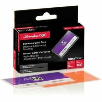 Swingline GBC UltraClear Thermal Laminating Pouches 5Mil Business Card Size 2 3/16" x 3 11/16 - Sheet Size Supported: Business Card 2.25" (57.15 mm) Width x 3.75" (95.25 mm) Length - Laminating Pouch/Sheet Size: 5 mil (0.13 mm) Thickness - for Laminator, Document - Rounded Corner - Clear - 100 / Pac BUS CARD 2 3/16"X3 11/16" 100 