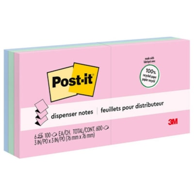 Post-it® Greener Dispenser Notes - Sweet Sprinkles Color Collection - 600 - 3" (76.20 mm) Flag/Note Width x 3" (76.20 mm) Flag/Note Length - Square - 100 Sheets per Pad - Unruled - Positively Pink, Fresh Mint, Moonstone - Paper - Repositionable, Self-adhesive - Recycled ASSORTED COLOURS 3" X 3" 6 PADS/PACK