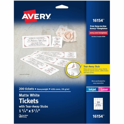 Avery® Event Tickets with Tear-Away Stubsfor Laser and Inkjet Printers, 1-3/4" x 5-1/2" - 1 3/4" (44.45 mm) Width x 5 1/2" (139.70 mm) Length - Laser, Inkjet - Matte - Matte White - Recyclable, Biodegradable, Durable, Customizable - 20 / Sheet - 200 / Pack TEAR-AWAY STUBS 1 " X 5 "