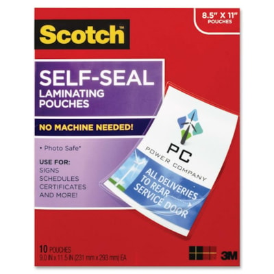 Scotch Self-Sealing Gloss Finish Laminating Pouches - Sheet Size Supported: Letter - Laminating Pouch/Sheet Size: 9.06" (230.19 mm) Width x 11.63" (295.27 mm) Length - Type G - Glossy - for Business Card, ID Card, Document, Photo, Phone List - Self-sealing - Clear - 10 / Pack 10/PK 9 IN X 11.5 IN