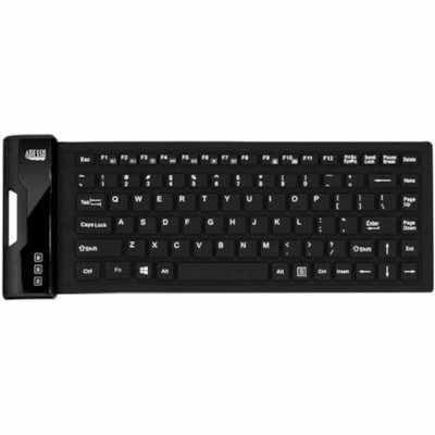 Adesso Antimicrobial Waterproof Flex Keyboard (Mini Size) - Cable Connectivity - USB Interface - 87 Key(s) - Media Player, Internet, Email Hot Key(s) - English (US) - QWERTY Layout - Computer - PC, Windows - Industrial Silicon Rubber Keyswitch - Black BD 