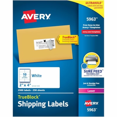 Avery® White Rectangle Labels with Sure Feed(tm) TechnologyTrueBlock®, 2" x 4" , for Laser and Inkjet Printers - 2" (50.80 mm) Height x 4" (101.60 mm) Width - Permanent Adhesive - Rectangle - Laser, Inkjet - Matte - White - Paper - Permanent Adhesive, Jam Resistant - 10 / Sheet - 250 Tota 250 SHT/BOX 10 LBL/SHT 2500 LBLS
