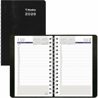 Blueline 2026 DuraGlobe 12-Month Daily Planner - January to December - 8" x 5" - Black - Bilingual - Daily - 12 Month - January 2026 to December 2026 - 7:00 AM to 7:30 PM - Half-hourly - Monday - Friday - 1 Day Single Page Layout - 5" (127 mm) x 8" (203.20 mm) Sheet Size - Twin Wire - Black - Paper,  