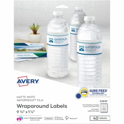 Avery® Durable White Wraparound Labels 9-3/4" x 1-1/4" , Permanent Adhesive, for Laser and Inkjet Printers - Waterproof - 9 3/4" (247.65 mm) Width x 1 1/4" (31.75 mm) Length - Permanent Adhesive - Rectangle - Inkjet, Laser - Matte - White - Film - Water Resistant - Print-to-the Edge, Permanent A 1 1/4" X 9 3/4" 40 LABELS  WHITE  WATER-RESIST