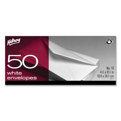Hilroy High Count Boxed Envelope - Commercial - #10 - 4 1/8" (104.78 mm) Width x 9 1/2" (241.30 mm) Length - 20 lb (9071.85 g) - Gummed - White - Wove - 50 / Box #10 WHITE  50 CT 4-1/8 X 9-1/2