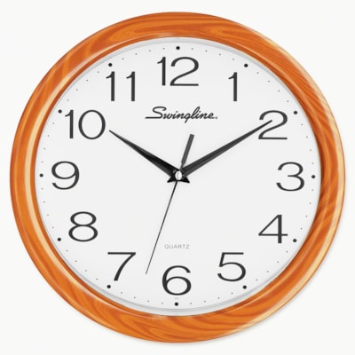 Swingline Wall Clock 12" Round Woodgrain Frame - Wood 12" GLASS LENS AND METAL HANDS QUARTZ SILENT MOVMNT; BATT POW