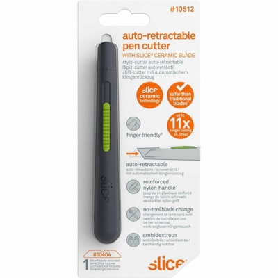 Slice - Coupeur de stylo auto-rétractable, boîte de 12 - hauteur de 0,68 po (17,27 mm) x largeur de 0,68 po (17,27 mm) x longueur de 5,26 po (133,60 mm) - Rétractable, Anti-magnétique, Résistant à la rouille - Céramique - 1 chaque  