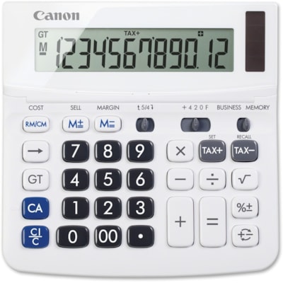 Canon 12-Digit Financial Desktop Calculator - Extra Large Display, Tilt Display, Easy-to-read Display, Dual Power, Auto Power Off - 12 Digits - LCD - Battery/Solar Powered - 5.8" (146.05 mm) Height x 5.8" (146.05 mm) Width x 1.2" (30.16 mm) Depth - White - 1 Each LARGE DISPLAY  DUAL POWER COST/SELL/MARGIN