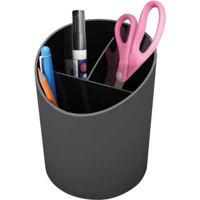 Deflecto Sustainable Office Recycled Large Pencil Cup - 5.63" (142.90 mm) Height x 4.38" (111.13 mm) Width x 4.38" (111.25 mm) Length - Black - 1 Each MADE FROM 30%RECYCLED MATERIAL FULLY RECYCLABLE  BLACK