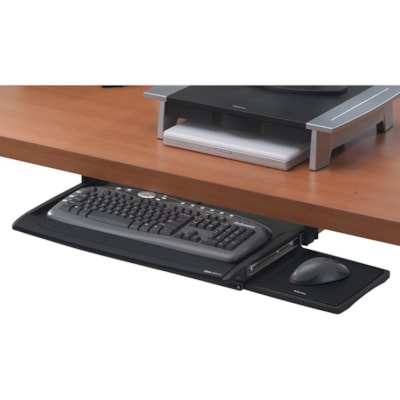 Fellowes Deluxe Keyboard Drawer With Soft Touch Wrist Rest - 2.5" (63.50 mm) Height x 30.8" (782.32 mm) Width x 14" (355.60 mm) Depth - Black, Silver - 1 SFT TOUCH WRIST REST MOUSE TRAY MOUNTS RGHT/LEFT
