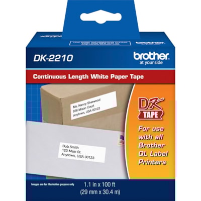 Brother Continuous Length White Film DK Tape - 1 9/64" (28.96 mm) Width - Direct Thermal - White - 1 Roll 1.1" X 100' CONTINUOUS LENGTH BLACK TEXT ON WHITE TAPE