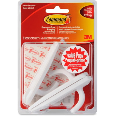 Command Large Hooks Value Pack, 17003C-VP - 3 Large Hook - 5 lb (2267.96 g) Capacity - for Bag, Belt, Extension Cord, General Purpose, Paint, Tile, Wood - White - 3 / Pack 5LB PACKAGE OF 3 HOOKS&6STRIPS 