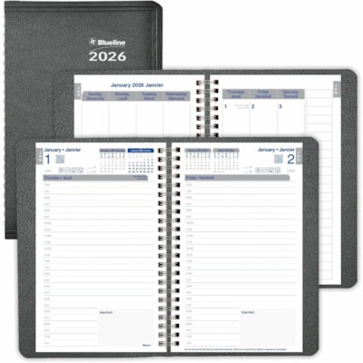 Blueline Net Zero Carbon Daily Planner - Daily, Monthly, Weekly - 1 Year - January 2025 - December 2025 - 7:00 AM to 7:30 PM - Half-hourly - 1 Day Single Page Layout - Twin Wire - Black Cover - 8" (203.20 mm) Height x 5" (127 mm) Width - Soft Cover, Flexible Cover, Eco-friendly, Bilingual - 1 Each  