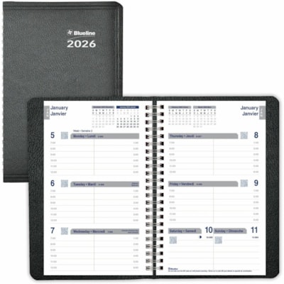 Blueline 2026 Net Zero Carbon 12-Month Weekly Planner - January to December - 8" x 5" - Black - Bilingual - Weekly - 12 Month - January 2026 to December 2026 - 7:00 AM to 6:00 PM - Monday - Friday - 5" (127 mm) x 8" (203.20 mm) Sheet Size - Twin Wire - Black - Paper - Appointment Schedule, Soft Cove  
