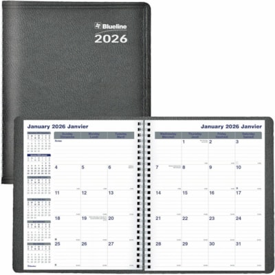 Blueline 2026 Net Zero Carbon 14-Month Planner - December to January - 9-1/4" x 7-1/4" - Black - Bilingual - Monthly - 14 Month - December 2025 to January 2027 - 1 Month Double Page Layout - 7 1/4" (184.15 mm) x 9 1/4" (234.95 mm) Sheet Size - Twin Wire - Black - Paper - Holiday Listing, Moon Phases  