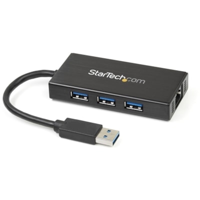 StarTech.com 3 Port Portable USB 3.0 Hub with Gigabit Ethernet Adapter NIC - 5Gbps - Aluminum w/ Cable - Add 3 external USB 3.0 ports w/ UASP and a Gb Ethernet port to your laptop through one USB 3.0 port - 3 Port Portable USB 3.0 Hub w/ Gb Ethernet Adapter NIC - Works w/ Microsoft Surface Pro 4, Su  PERP 