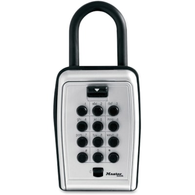 Master Lock Portable Key Safe - Push Button Lock - Weather Resistant, Scratch Resistant - for Door - Overall Size 7.2" (182.63 mm) Height x 5.3" (133.35 mm) Width x 2.2" (56.39 mm) Depth - Black, Silver - Metal, Vinyl PUSH BUTTON COMBO PAD EASY TO RESET COMBINATION