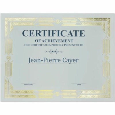 St. James® Linen Certificates with Foil - "Certificate of Achivement" - 8.50" (215.90 mm) Width x 11" (279.40 mm) Length - Laser, Inkjet Compatible - Ivory, Gold with Gold Border - Linen Paper - 15 / Pack  GOLD FOIL ON LINEN PAPER JAZZ STYLE - 15/PK