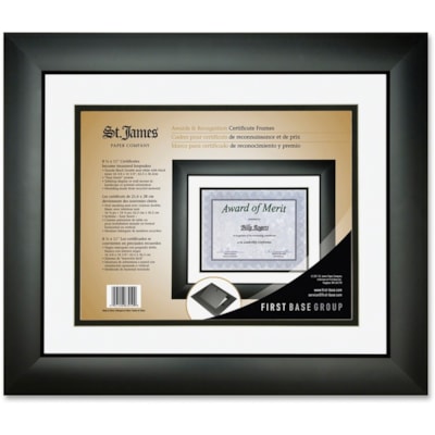 St. James® Tuxedo Black Double Matte Certificate Frame - 16.75" (425.45 mm) x 14.25" (361.95 mm) Frame Size - Holds 11" (279.40 mm) x 8.50" (215.90 mm) Insert - Rectangle - Landscape, Portrait - Tuxedo Black, White, Black - 1 Each 16.25X13.75 - WHITE MAT HOLDS 8 1/2X11 DOCUMENTS